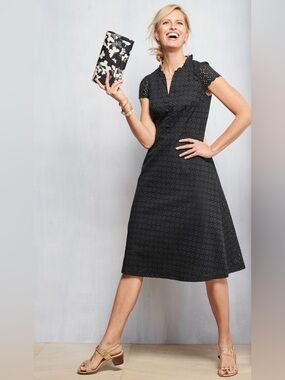 TALBOTS Black Eyelet Fit & Flare Lined Ruffle Cap Sleeve Cotton Midi Dress 8